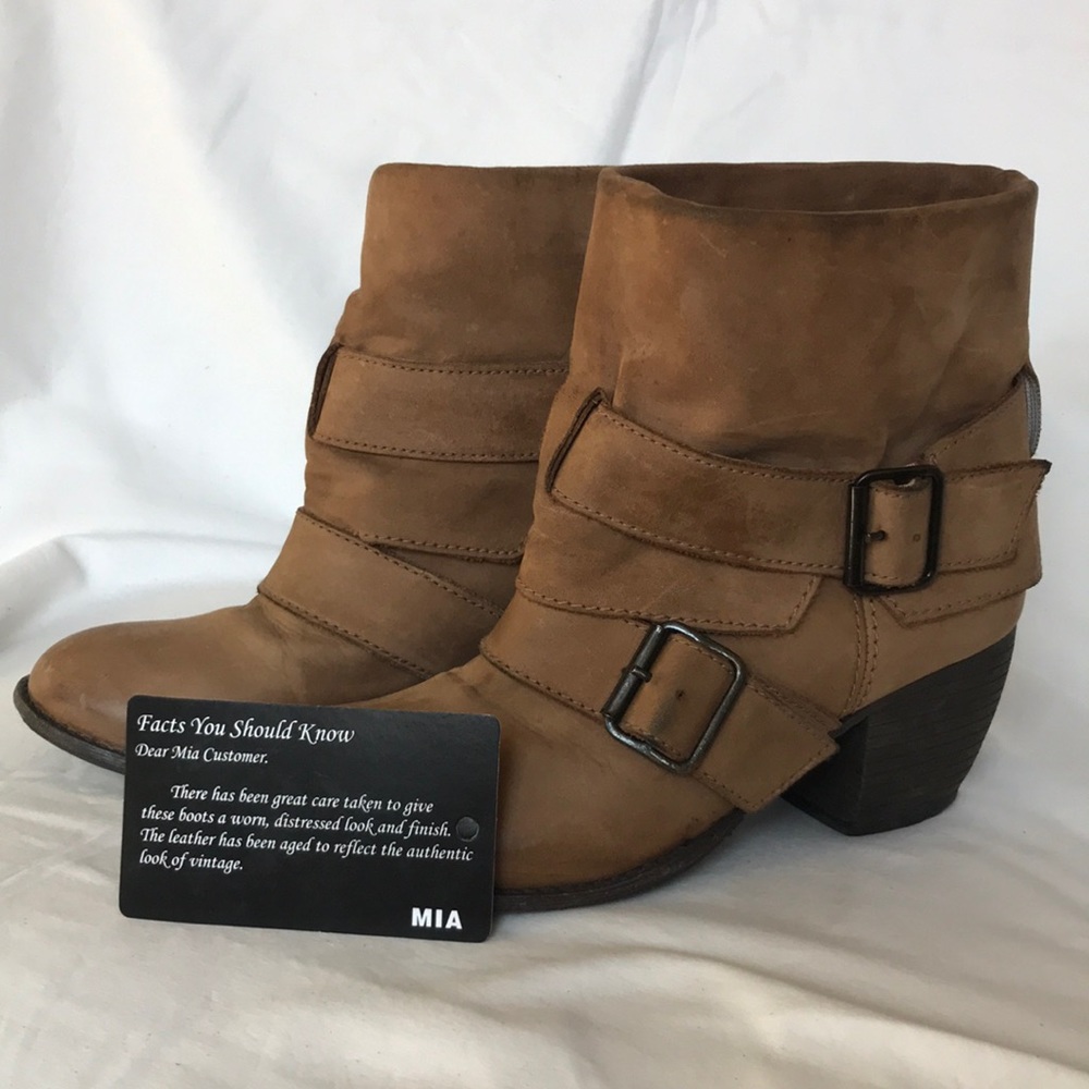 MIA leather distressed tan ankle boots buckles. Great used condition.